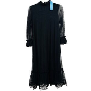 Draper‎ James Maxi Shift Dress Black Long Sheer Sleeve Polka Dot Overlay